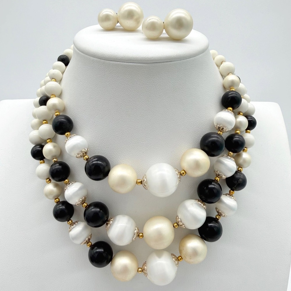 Vintage Japan Multi Strand Beaded Necklace & Coro Faux Pearl Earring Set